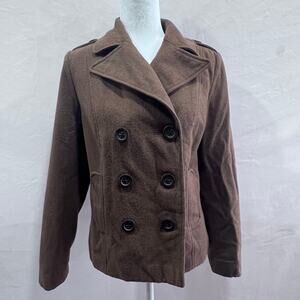 Y2K Old Wool Blend Navy Double Breasted Pea Coat Jacket Women's M Copper Brown